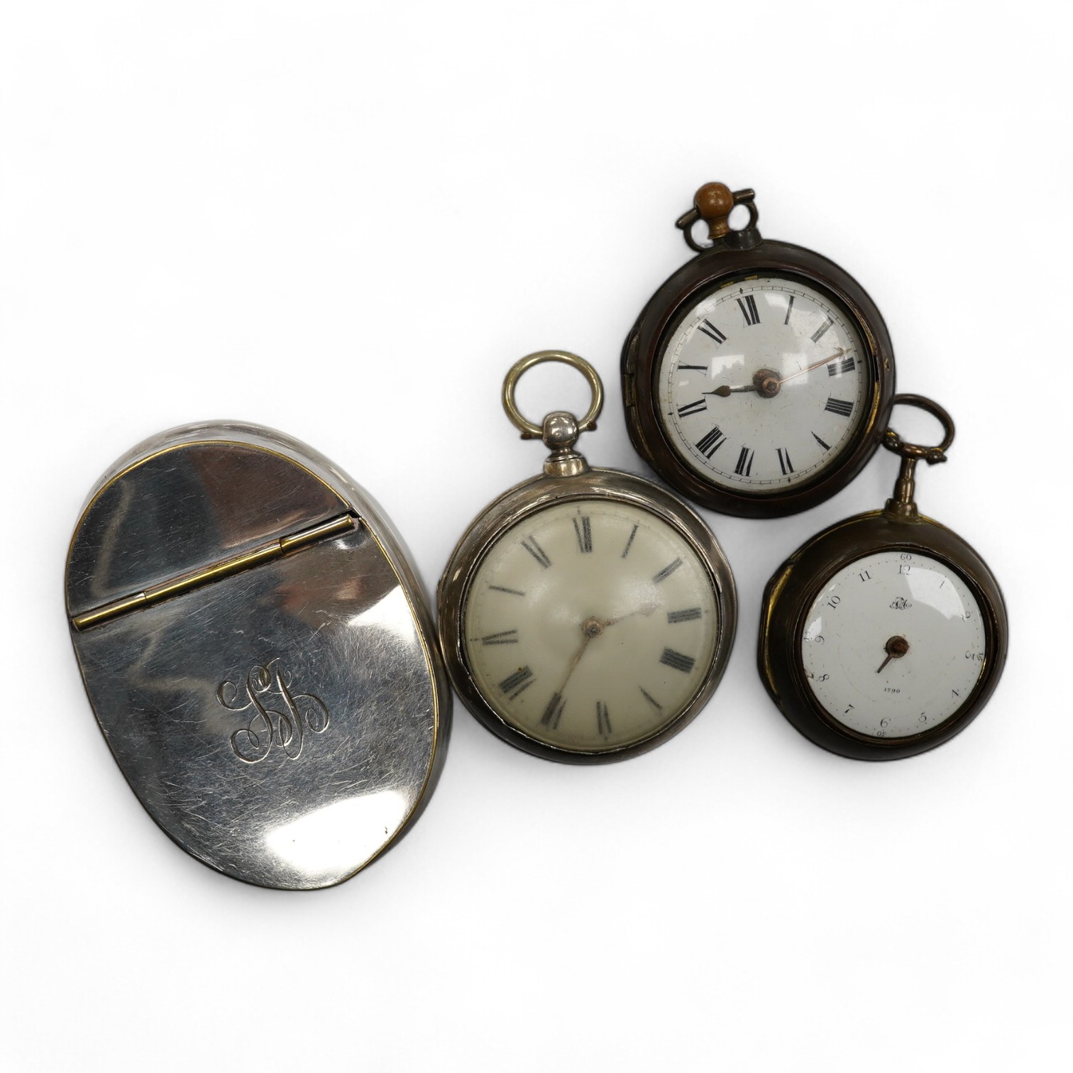 An early Victorian silver pair cased key wind verge pocket watch by Tho. Cogger, Hastings, outer case diameter 57mm, two other gilt metal pair cased pocket watches and a silver plated snuff box. Condition - poor